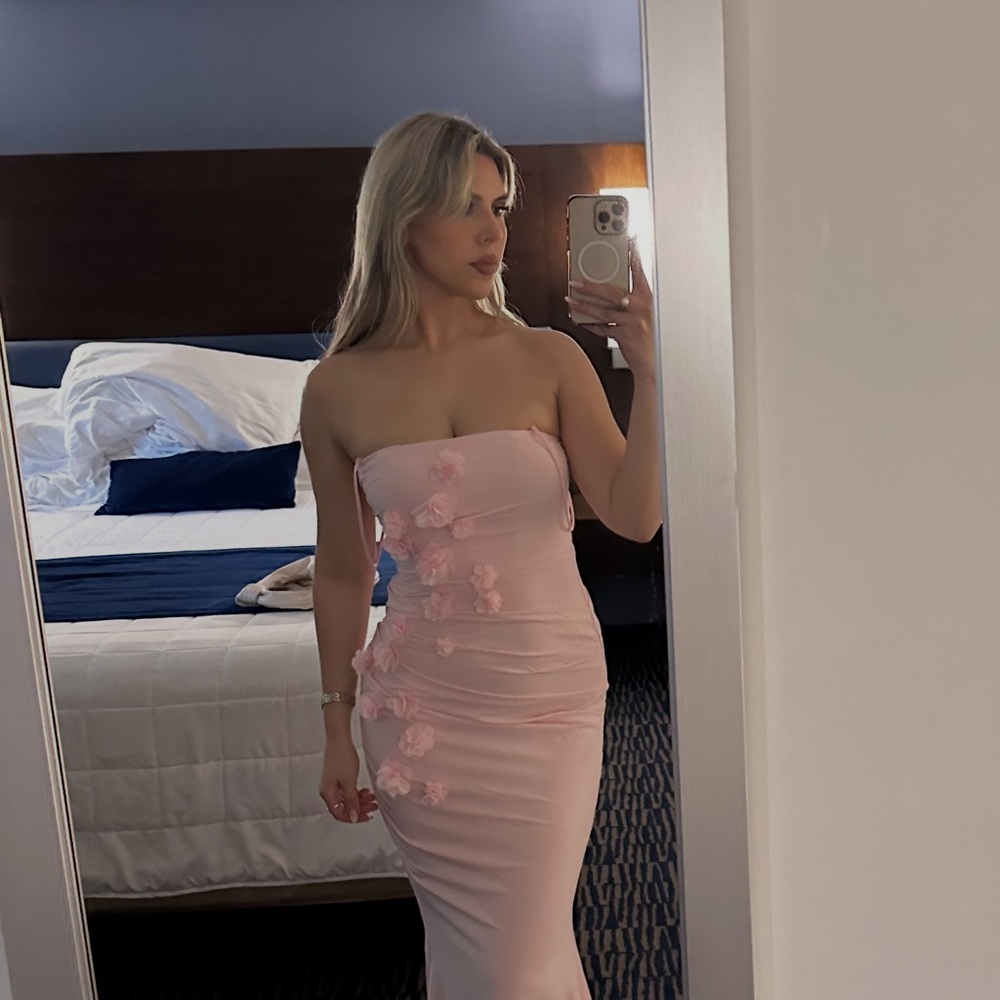 Oh Polly Removable Straps Pink Floral-Embellished Mermaid Dress